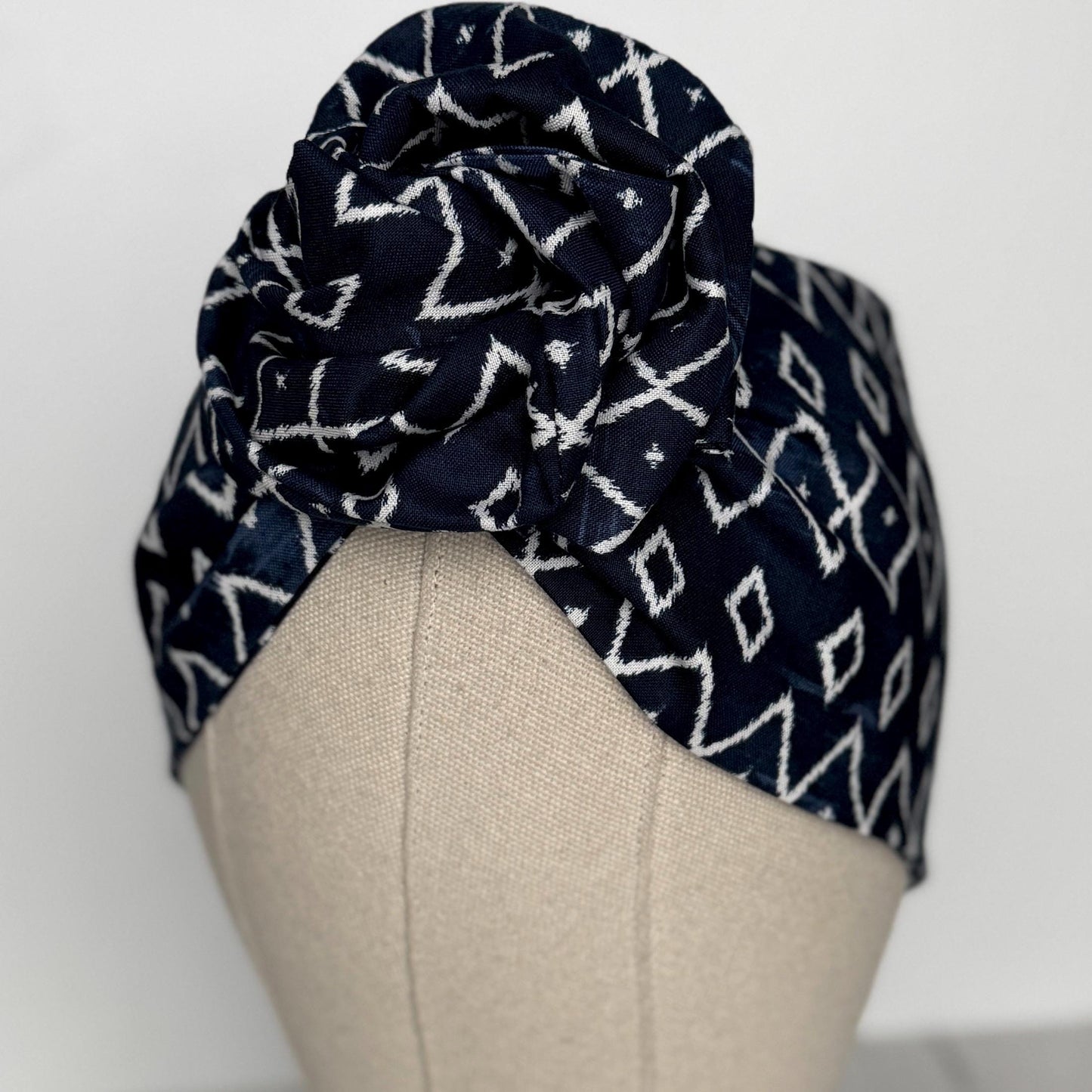 Extra Wide Adjustable Wire Headband, Navy Blue White Tribal Print, Boho Wired Headband, Fabric Head Wrap, Turban, Gift idea, Bendable Scarf