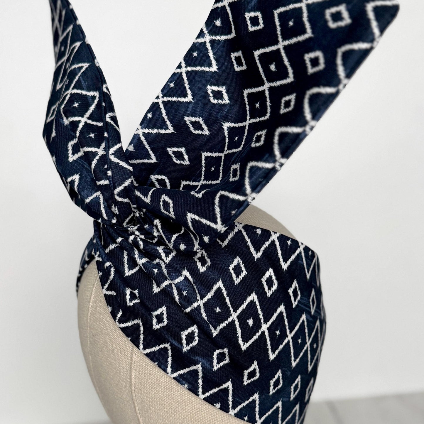 Extra Wide Adjustable Wire Headband, Navy Blue White Tribal Print, Boho Wired Headband, Fabric Head Wrap, Turban, Gift idea, Bendable Scarf