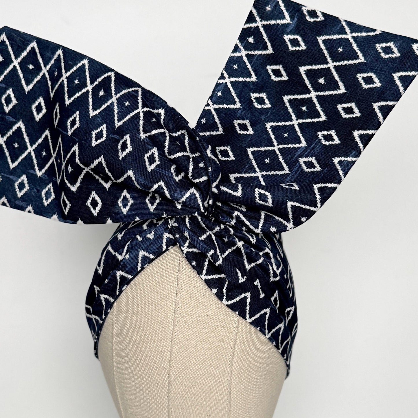Extra Wide Adjustable Wire Headband, Navy Blue White Tribal Print, Boho Wired Headband, Fabric Head Wrap, Turban, Gift idea, Bendable Scarf