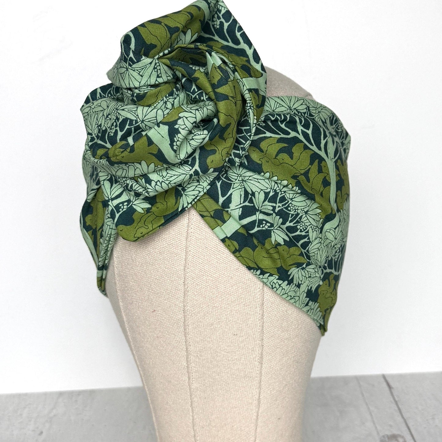 Extra Wide Adjustable Wire Wrap, Blue Green Dove Botanical Leaf Print Wired Headband, Fabric Head Wrap, Summer Boho Accessories