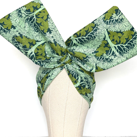 Extra Wide Adjustable Wire Wrap, Blue Green Dove Botanical Leaf Print Wired Headband, Fabric Head Wrap, Summer Boho Accessories