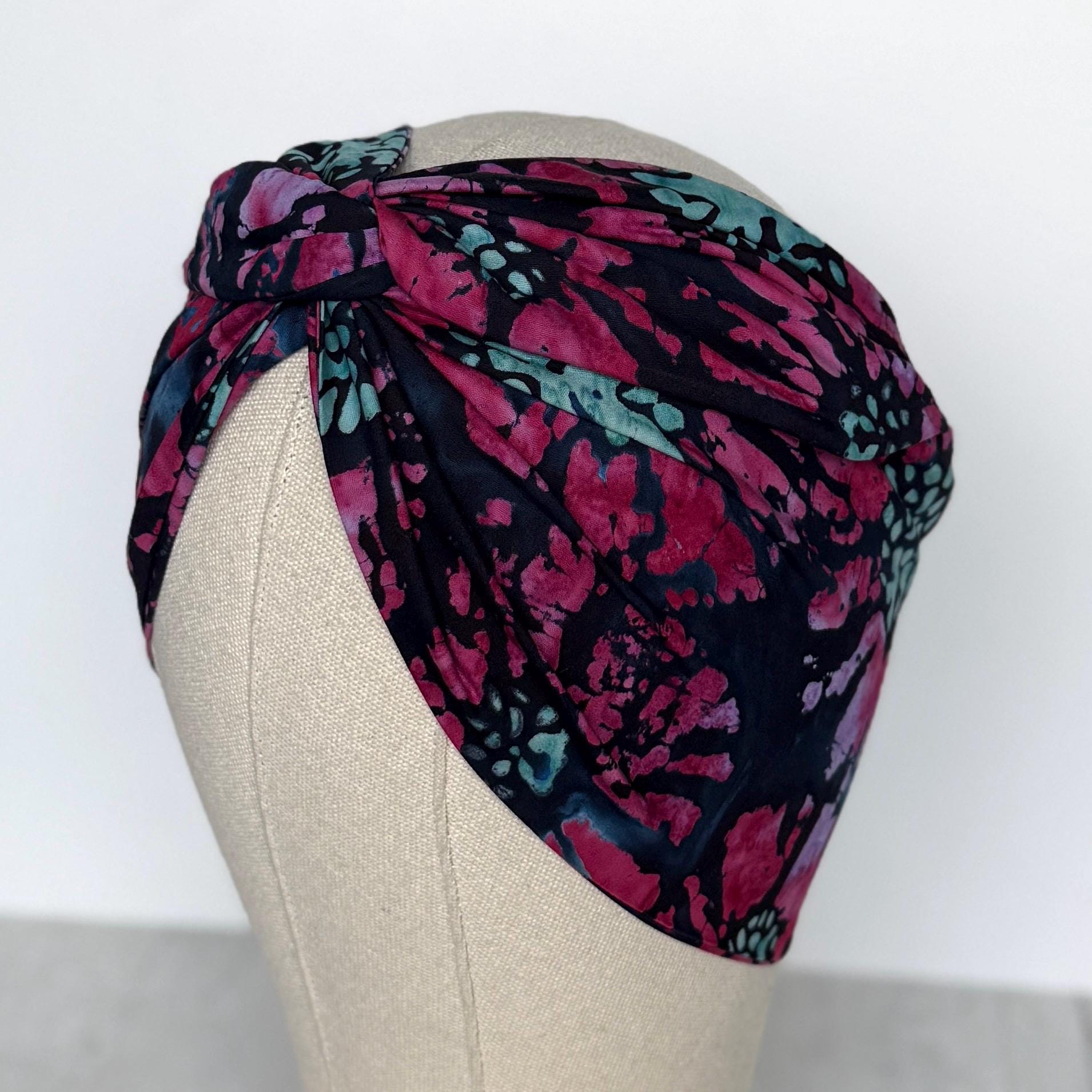 MIDI Extra Wide Adjustable Wire Head Wrap, Navy Blue Pink Batik Floral Headband, Head Scarf For Women, Turban, Hair Accessories