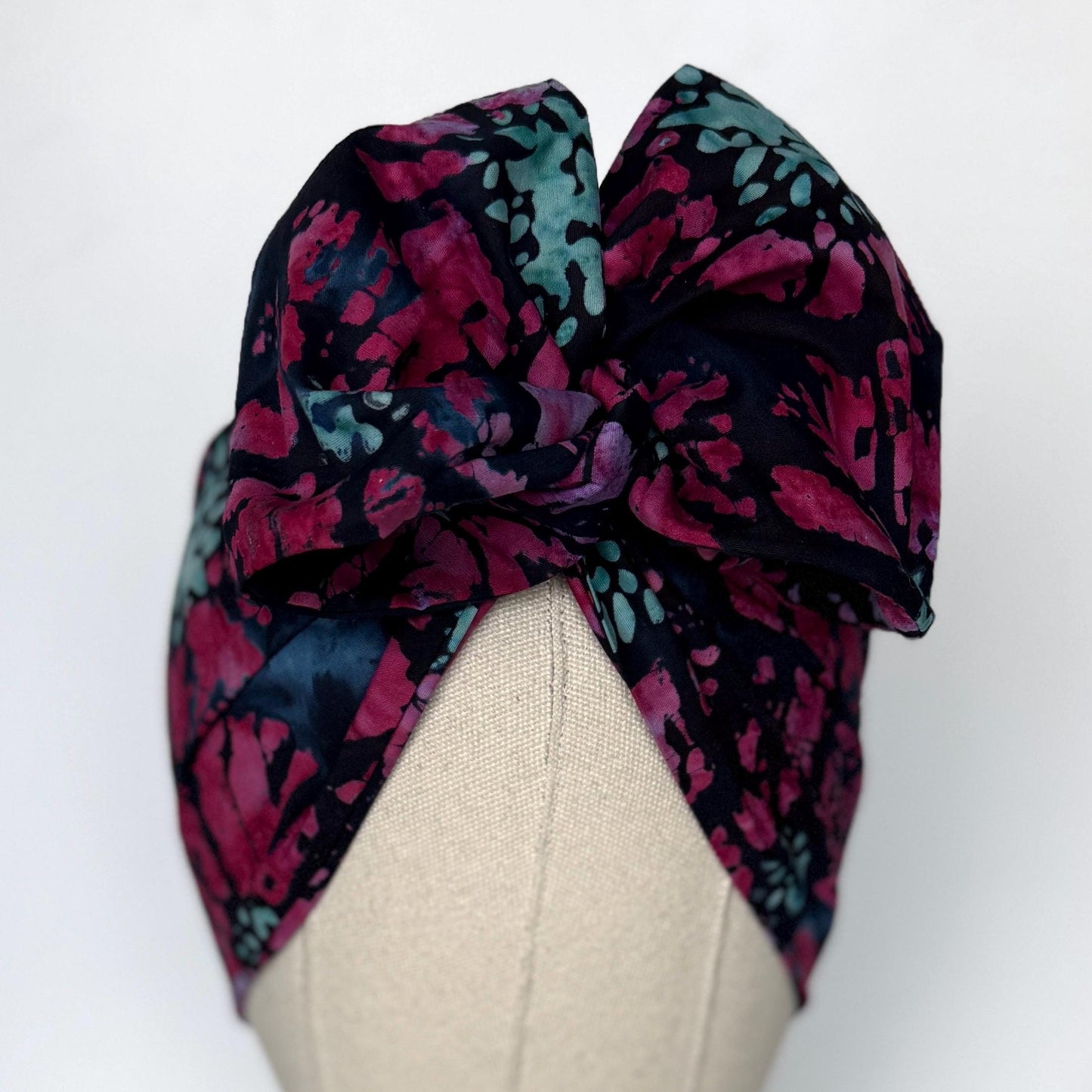 MIDI Extra Wide Adjustable Wire Head Wrap, Navy Blue Pink Batik Floral Headband, Head Scarf For Women, Turban, Hair Accessories