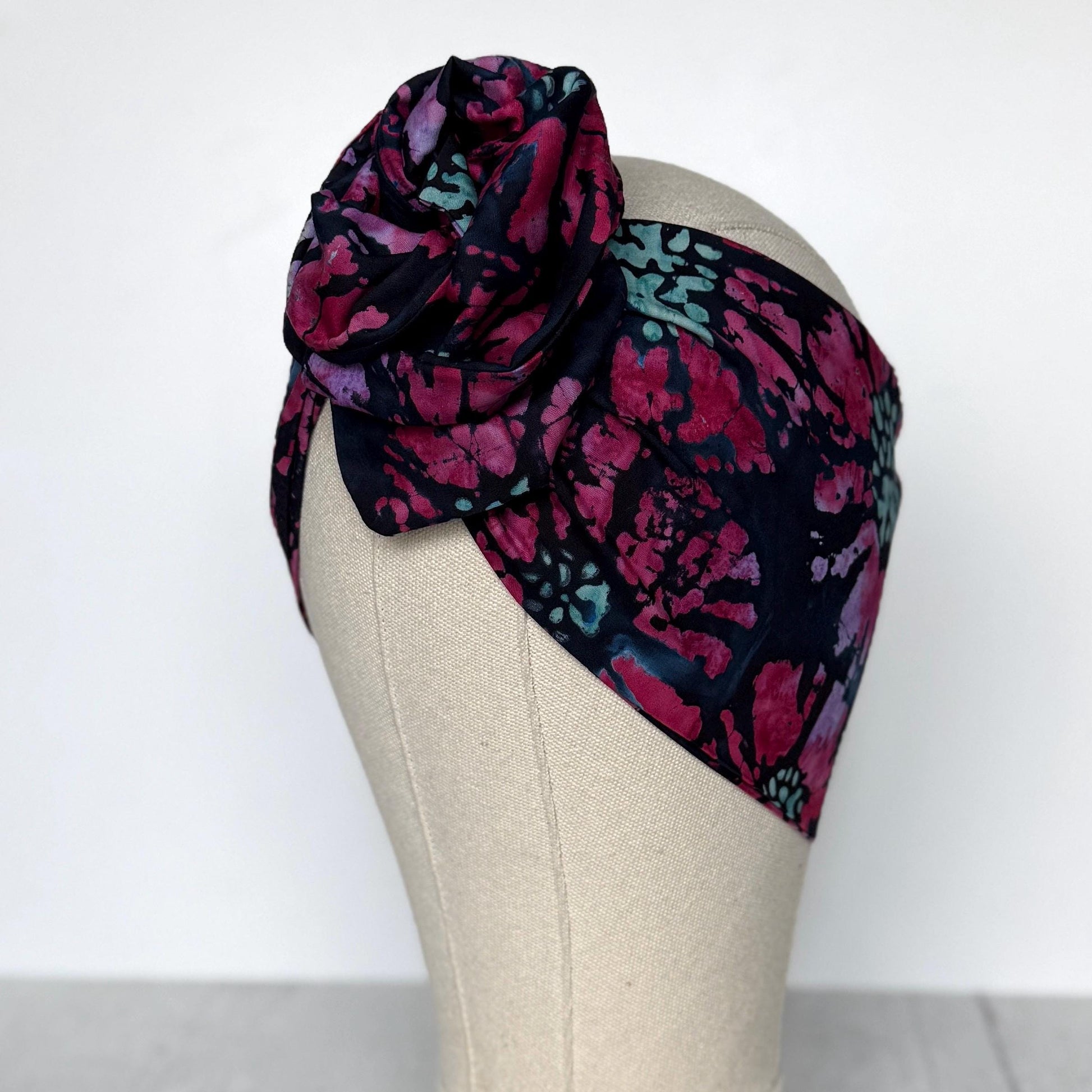 MIDI Extra Wide Adjustable Wire Head Wrap, Navy Blue Pink Batik Floral Headband, Head Scarf For Women, Turban, Hair Accessories