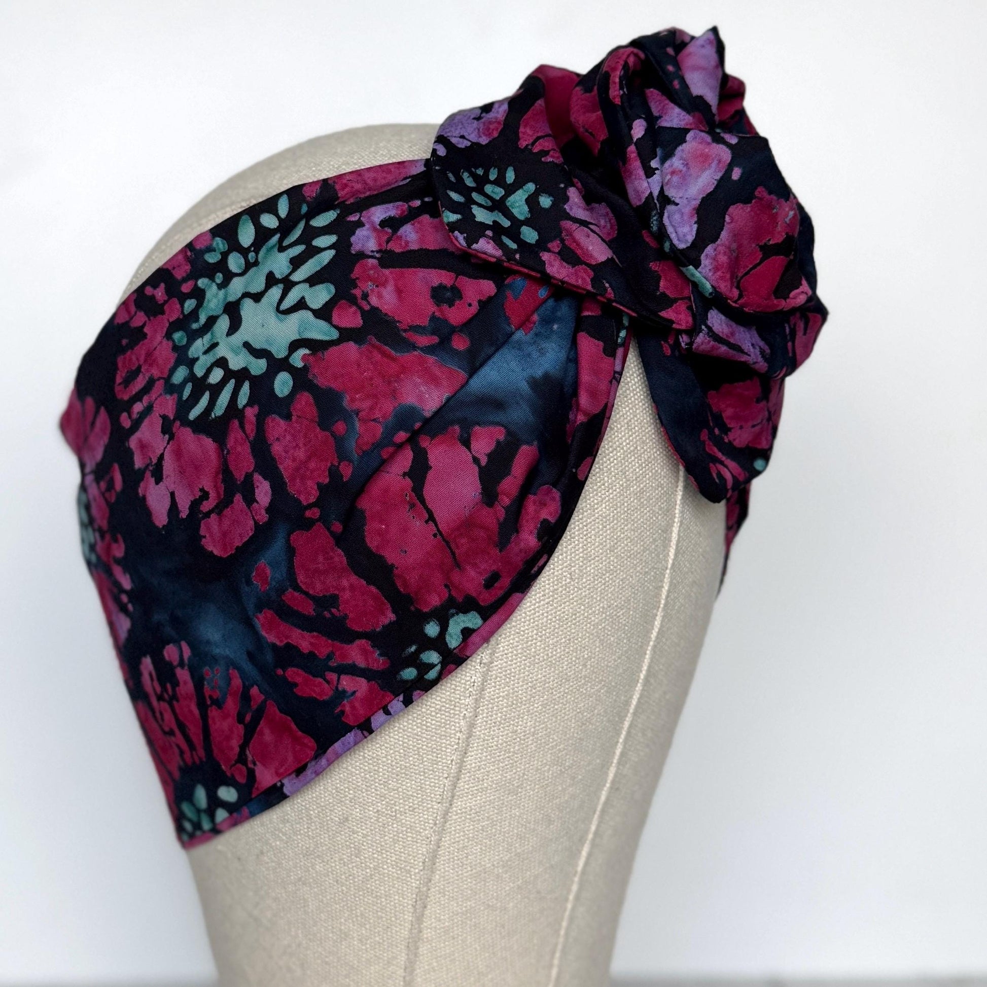 MIDI Extra Wide Adjustable Wire Head Wrap, Navy Blue Pink Batik Floral Headband, Head Scarf For Women, Turban, Hair Accessories