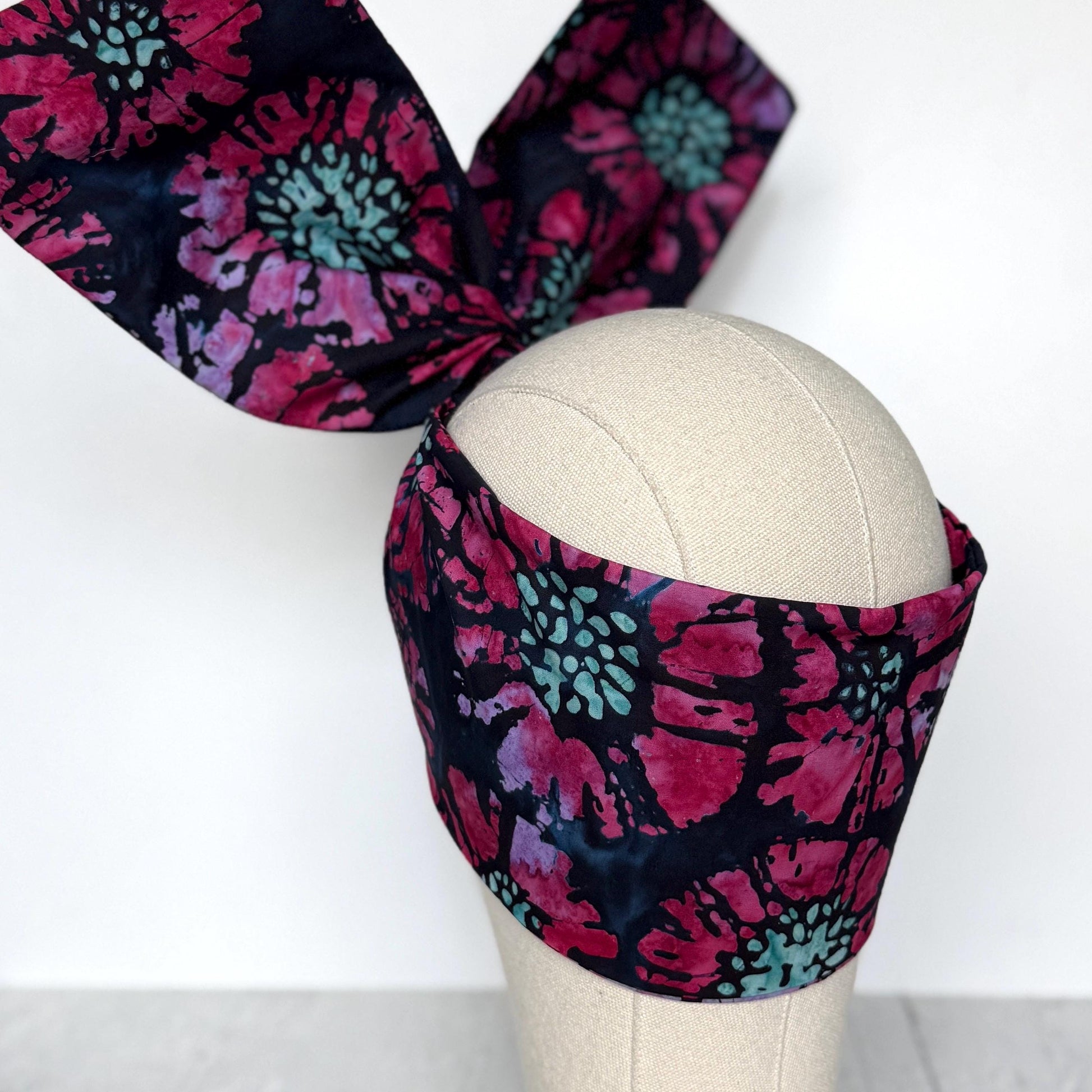 MIDI Extra Wide Adjustable Wire Head Wrap, Navy Blue Pink Batik Floral Headband, Head Scarf For Women, Turban, Hair Accessories