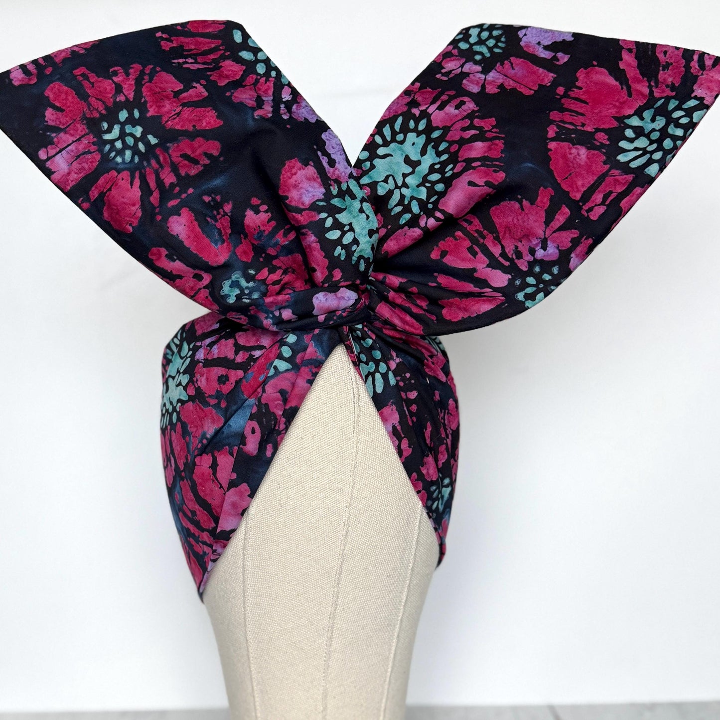 MIDI Extra Wide Adjustable Wire Head Wrap, Navy Blue Pink Batik Floral Headband, Head Scarf For Women, Turban, Hair Accessories