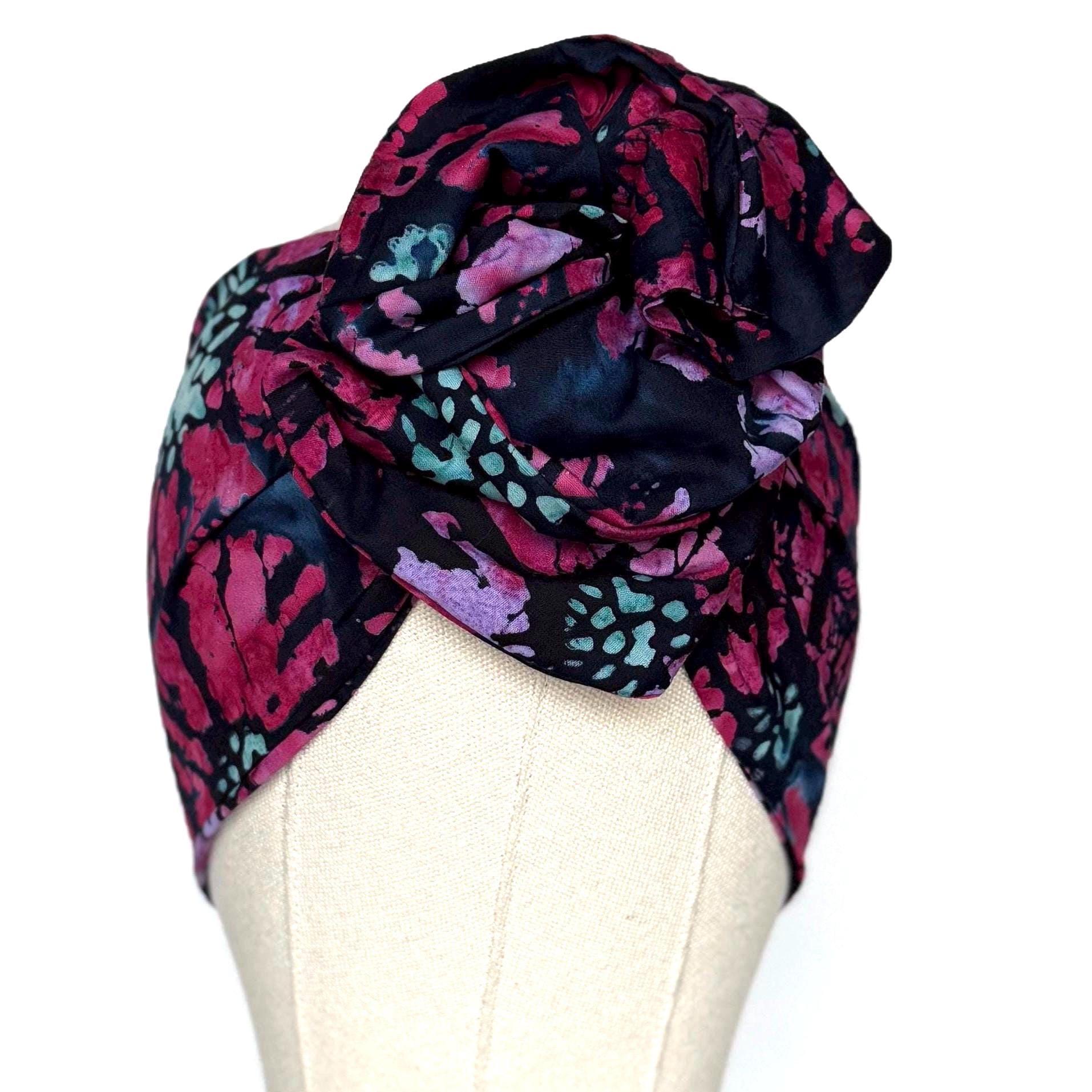 MIDI Extra Wide Adjustable Wire Head Wrap, Navy Blue Pink Batik Floral Headband, Head Scarf For Women, Turban, Hair Accessories
