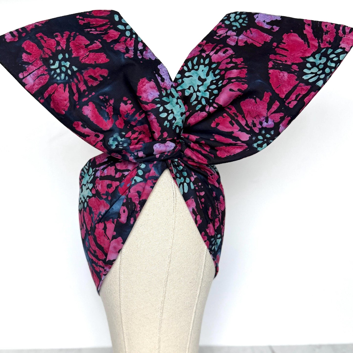 MIDI Extra Wide Adjustable Wire Head Wrap, Navy Blue Pink Batik Floral Headband, Head Scarf For Women, Turban, Hair Accessories