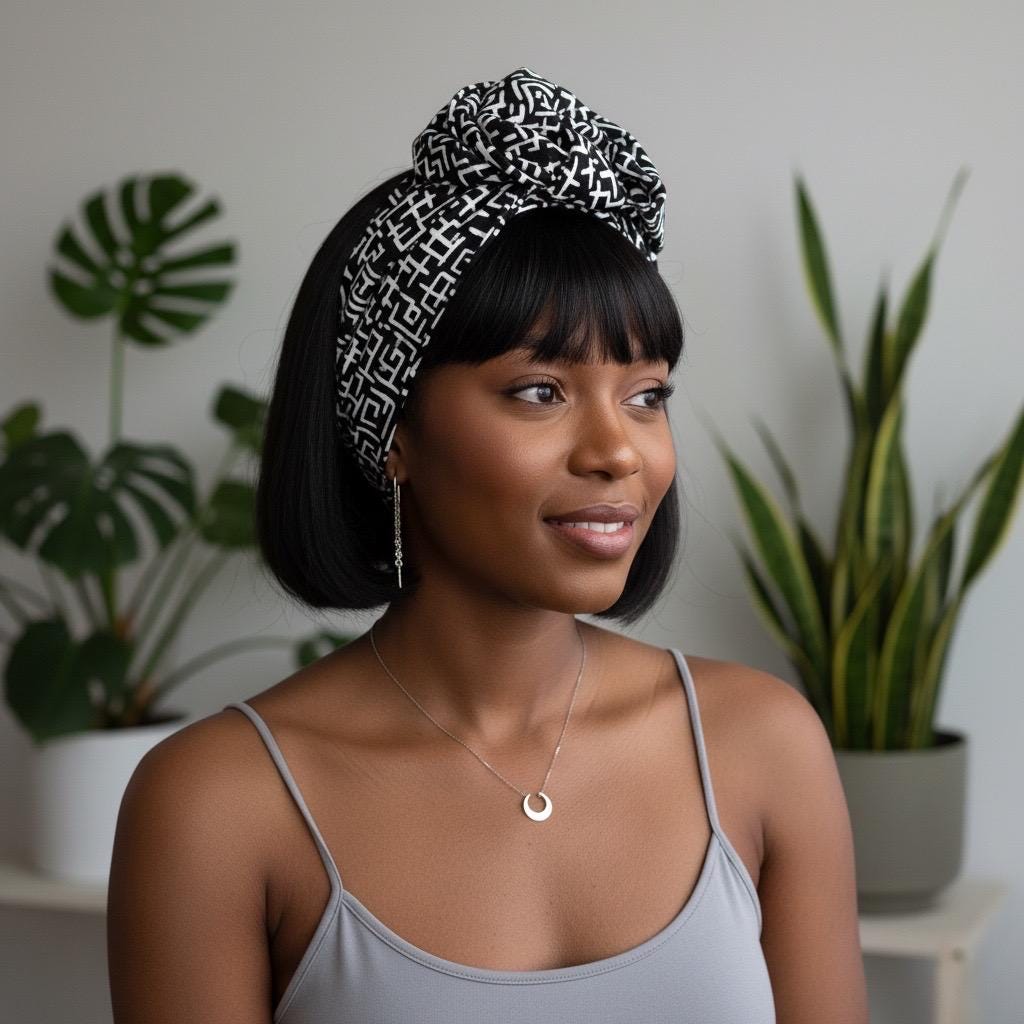 Extra Wide Adjustable Wire Wrap, Black White Abstract Print Wired Headband, Fabric Head Wrap, Summer Boho Head Scarf Accessories