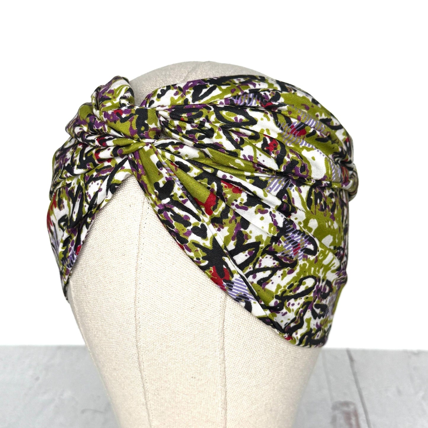Extra Wide Adjustable Wire Wrap, Black White Green Purple Abstract Print Wired Headband, Fabric Head Wrap, Boho Head Scarf Accessories