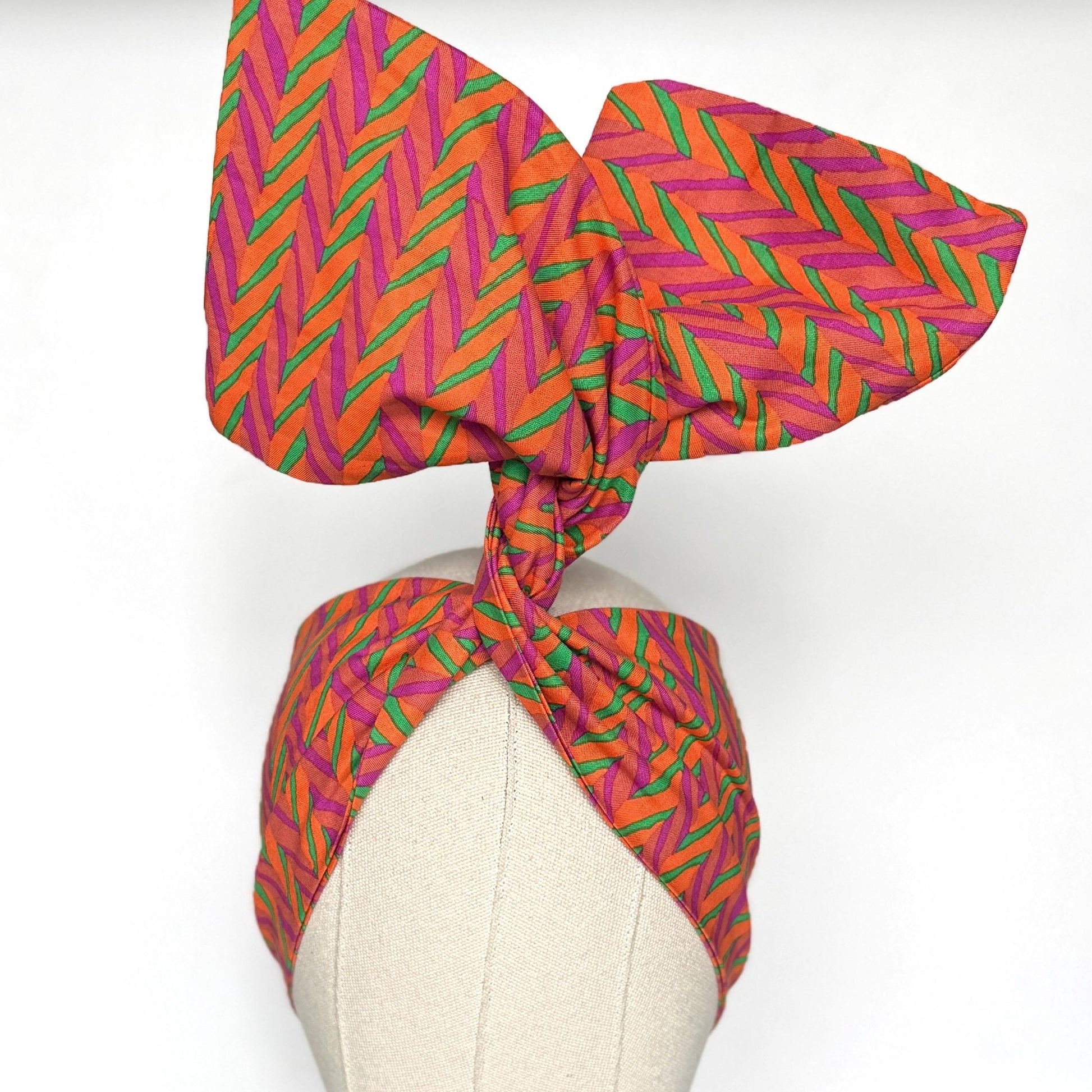 Extra Wide Adjustable Wire Wrap, Orange Pink Green Geometric Print Wired Headband, Fabric Head Wrap, Boho Head Scarf Accessories