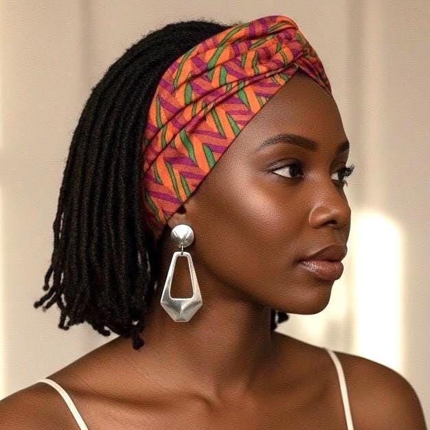 Extra Wide Adjustable Wire Wrap, Orange Pink Green Geometric Print Wired Headband, Fabric Head Wrap, Boho Head Scarf Accessories