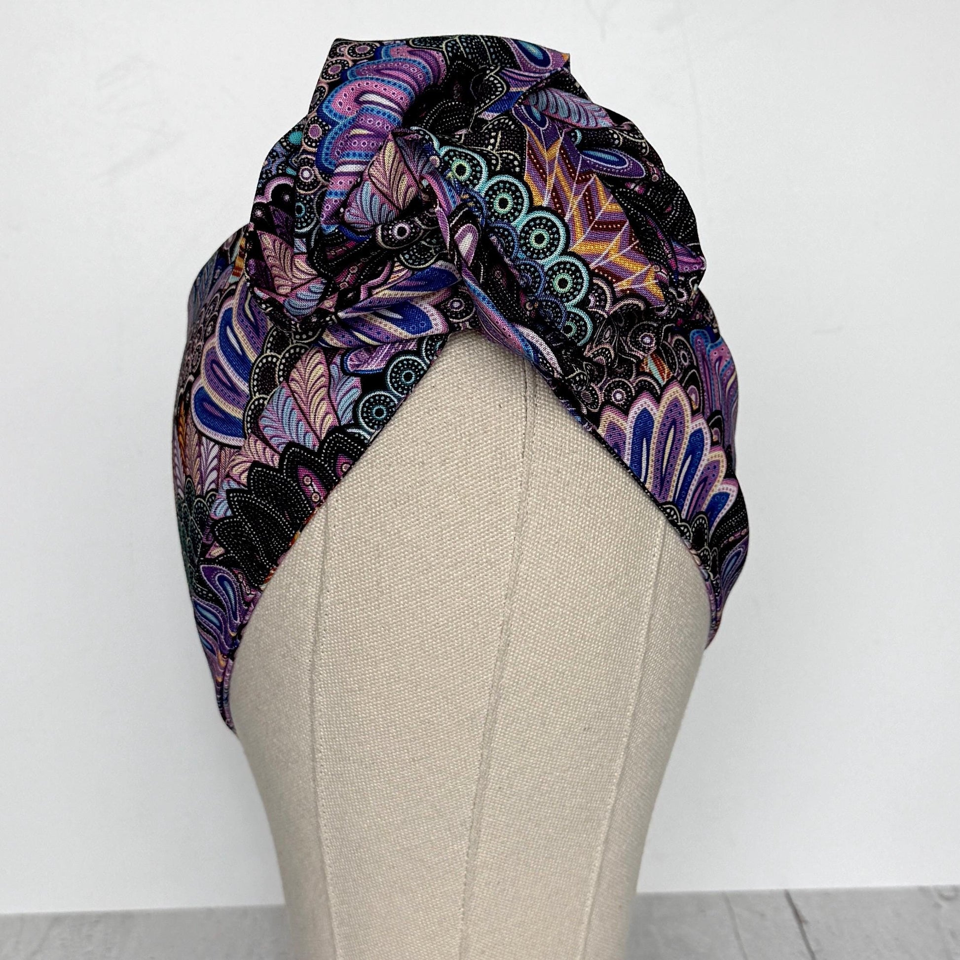Extra Wide Adjustable Wire Wrap, Black Purple Boho Feather Print Wired Headband, Fabric Head Wrap, Boho Head Scarf Accessories