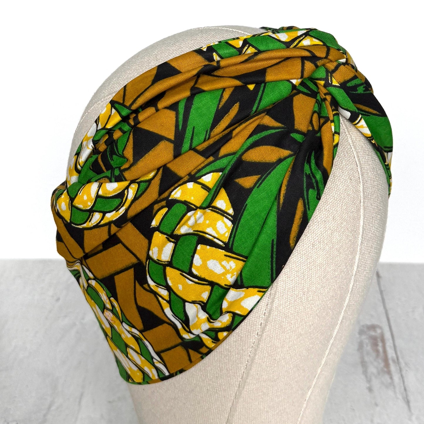 Extra Wide Adjustable Wire Wrap, Ankara Wired Headband, Green Tan Black African Fabric Head Wrap, Ankara Afro Boho Accessories