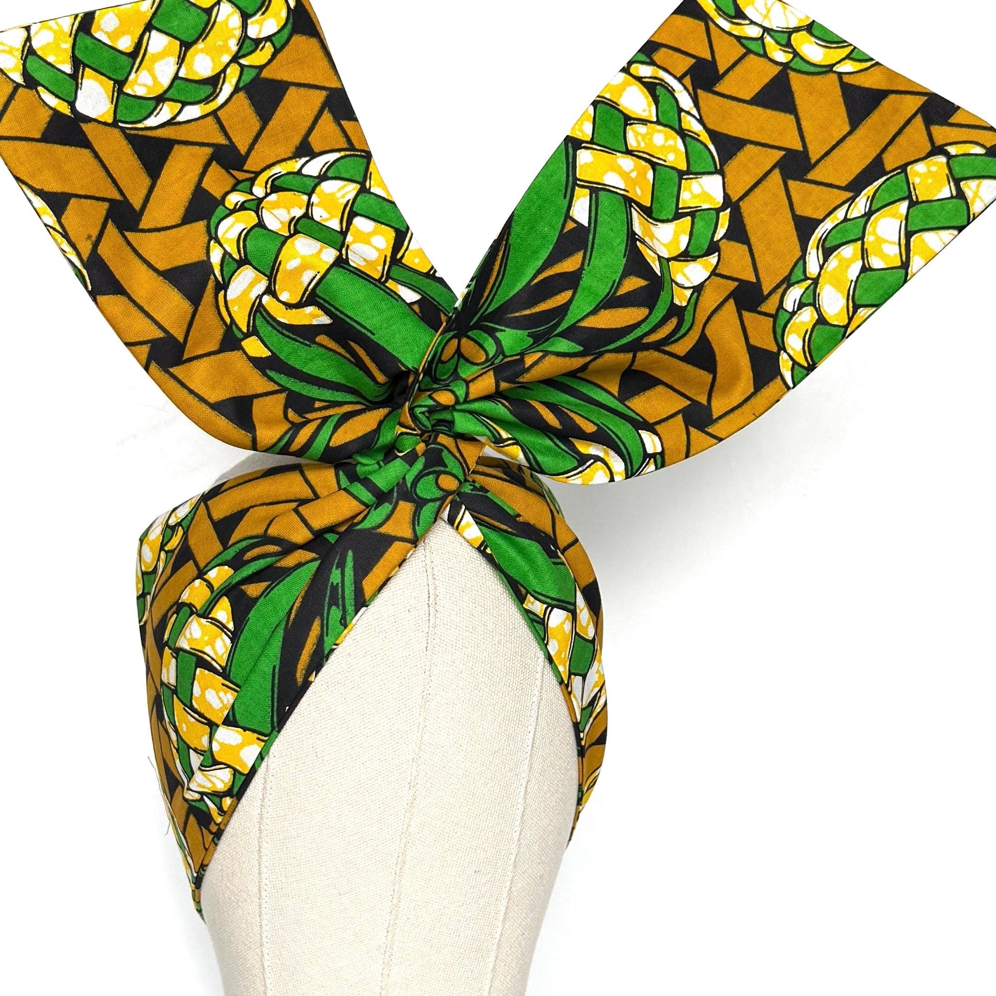 Extra Wide Adjustable Wire Wrap, Ankara Wired Headband, Green Tan Black African Fabric Head Wrap, Ankara Afro Boho Accessories