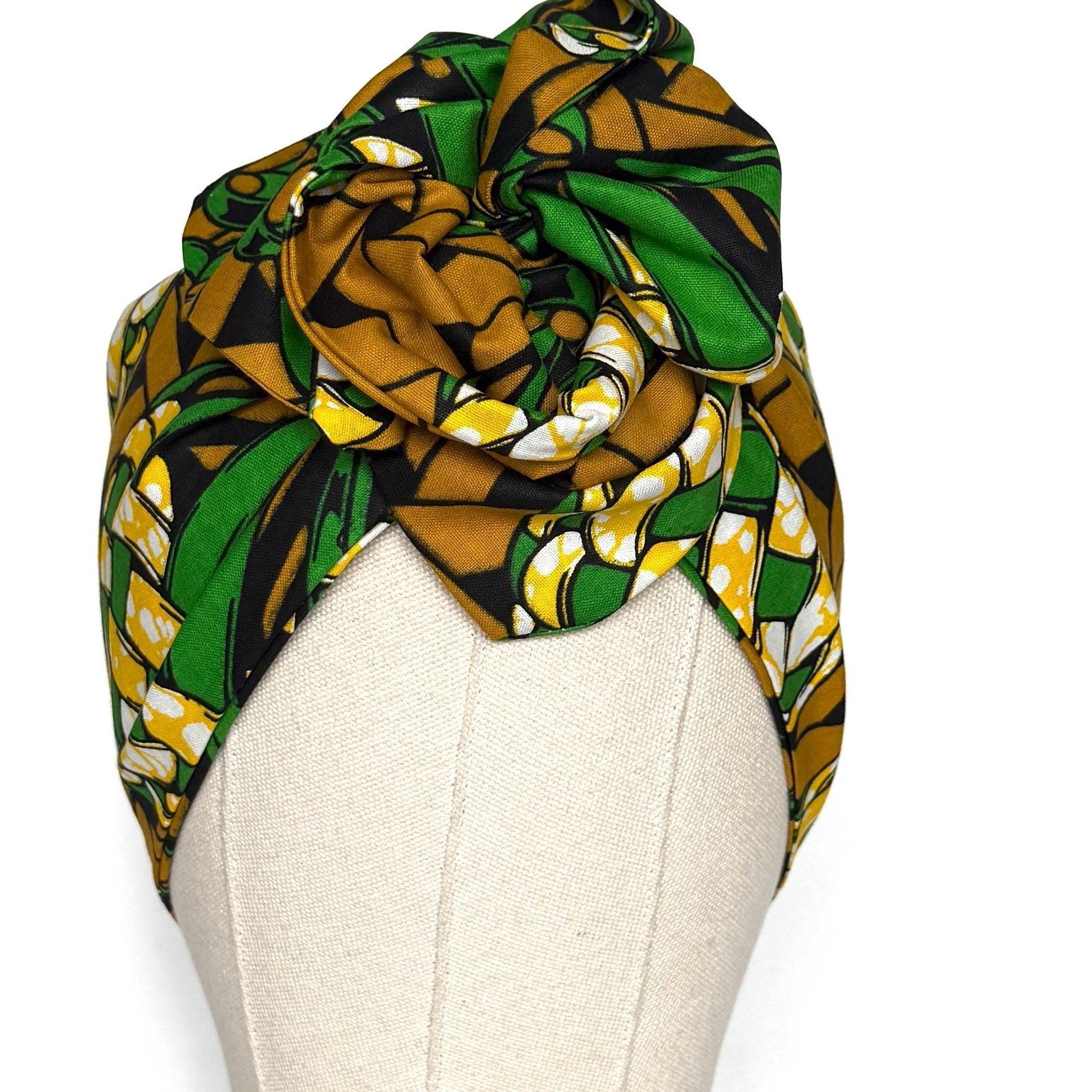 Extra Wide Adjustable Wire Wrap, Ankara Wired Headband, Green Tan Black African Fabric Head Wrap, Ankara Afro Boho Accessories