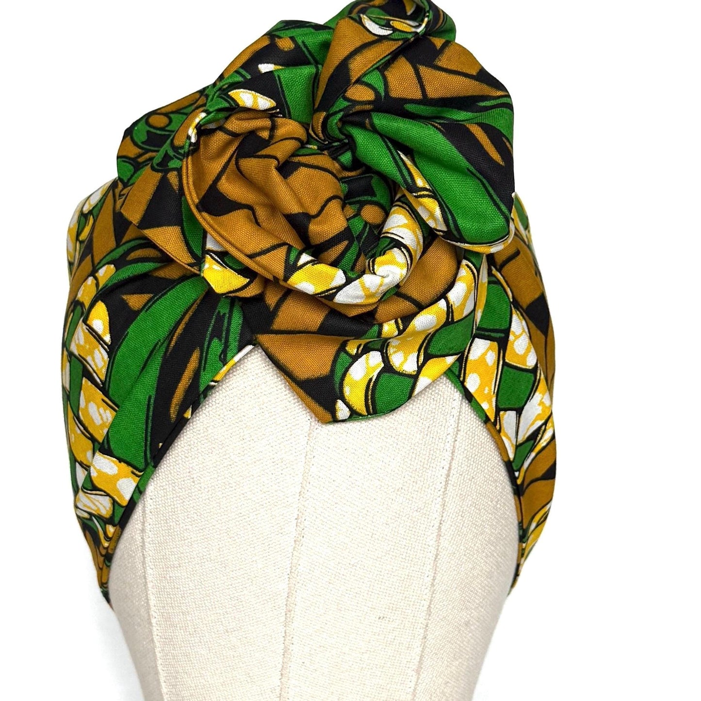Extra Wide Adjustable Wire Wrap, Ankara Wired Headband, Green Tan Black African Fabric Head Wrap, Ankara Afro Boho Accessories