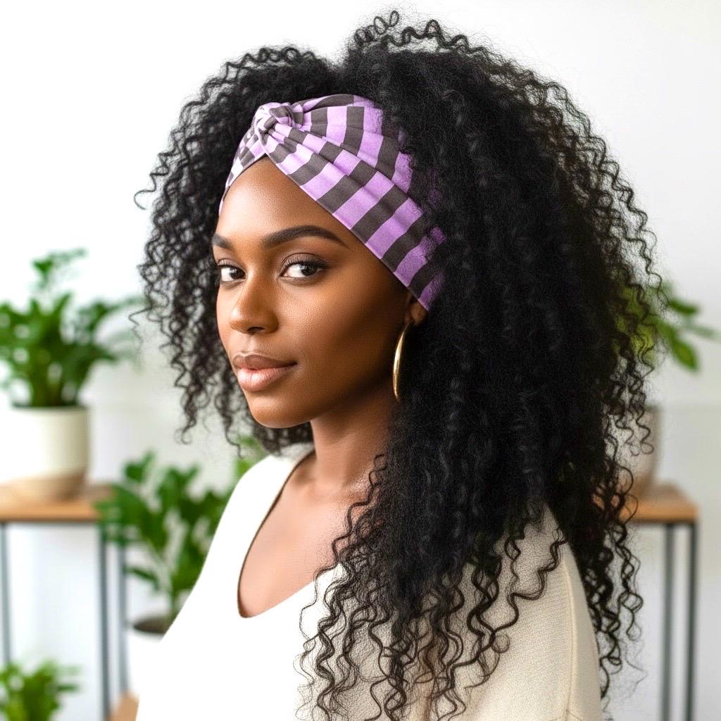Extra Wide Adjustable Wire Headband, Lavendar Soft Purple Brown Striped Print, Boho Wired Headband, Fabric Head Wrap, BendableTurban