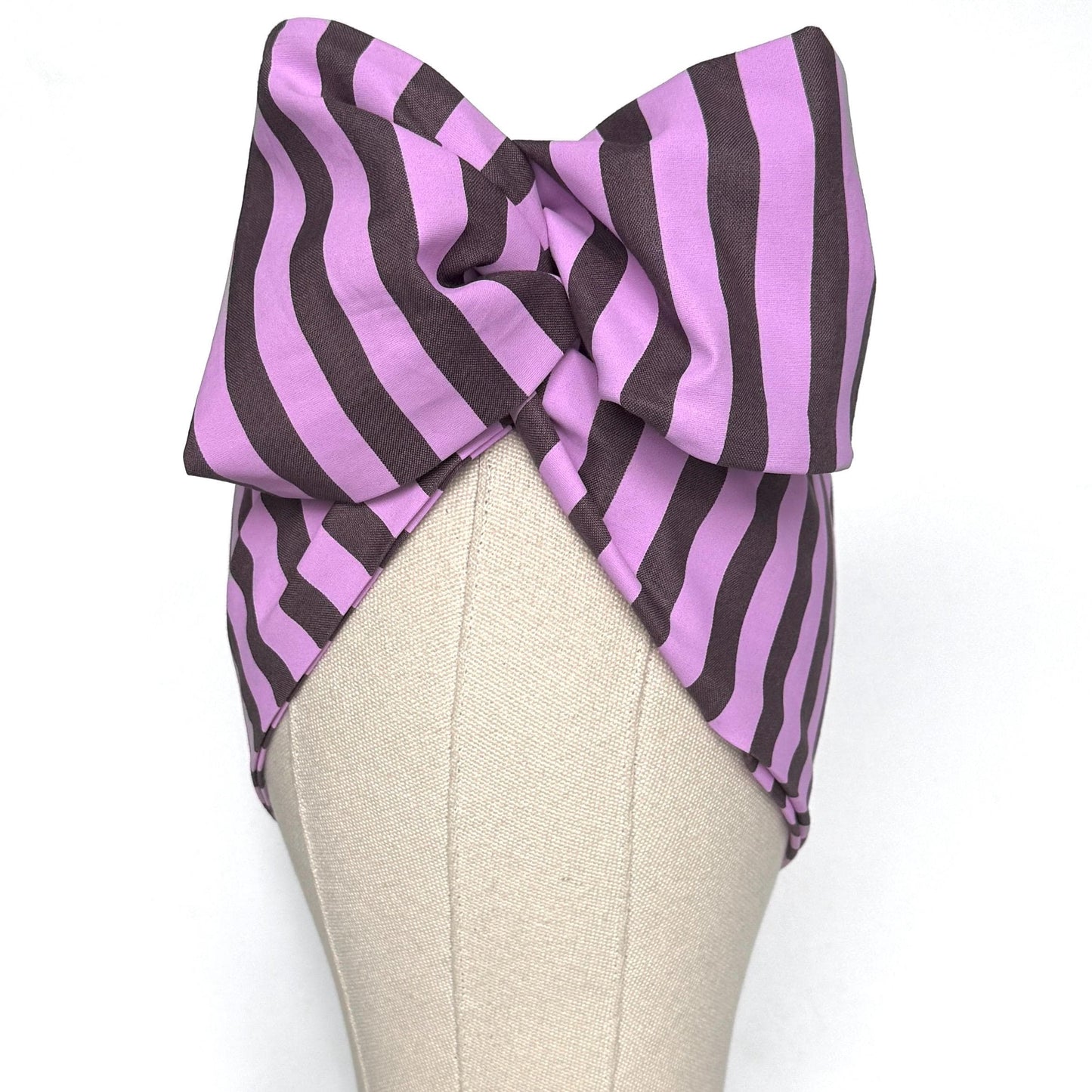 Extra Wide Adjustable Wire Headband, Lavendar Soft Purple Brown Striped Print, Boho Wired Headband, Fabric Head Wrap, BendableTurban