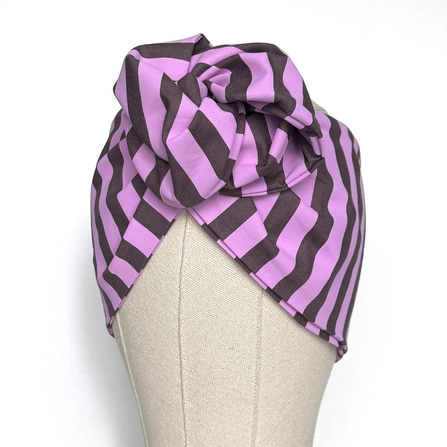 Extra Wide Adjustable Wire Headband, Lavendar Soft Purple Brown Striped Print, Boho Wired Headband, Fabric Head Wrap, BendableTurban