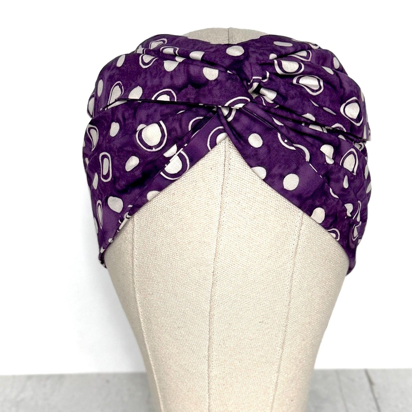 Extra Wide Adjustable Wire Headband, Batik Plum White Abstract Polka Dot Print, Boho Wired Headband, Fabric Head Wrap, BendableTurban