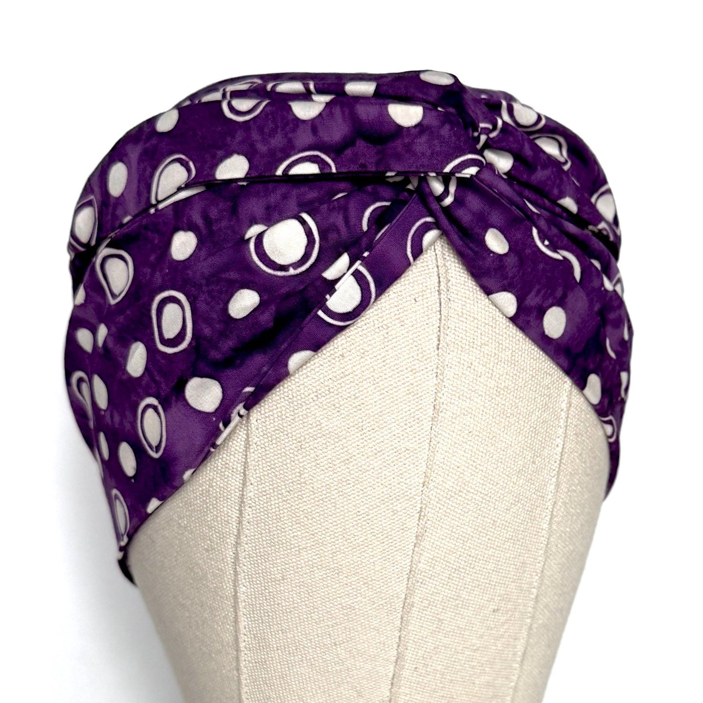 Extra Wide Adjustable Wire Headband, Batik Plum White Abstract Polka Dot Print, Boho Wired Headband, Fabric Head Wrap, BendableTurban