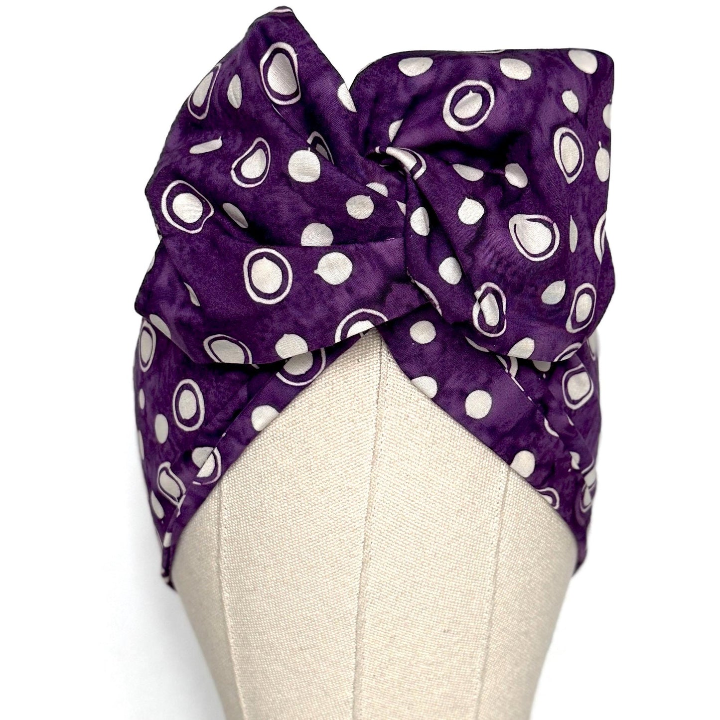 Extra Wide Adjustable Wire Headband, Batik Plum White Abstract Polka Dot Print, Boho Wired Headband, Fabric Head Wrap, BendableTurban