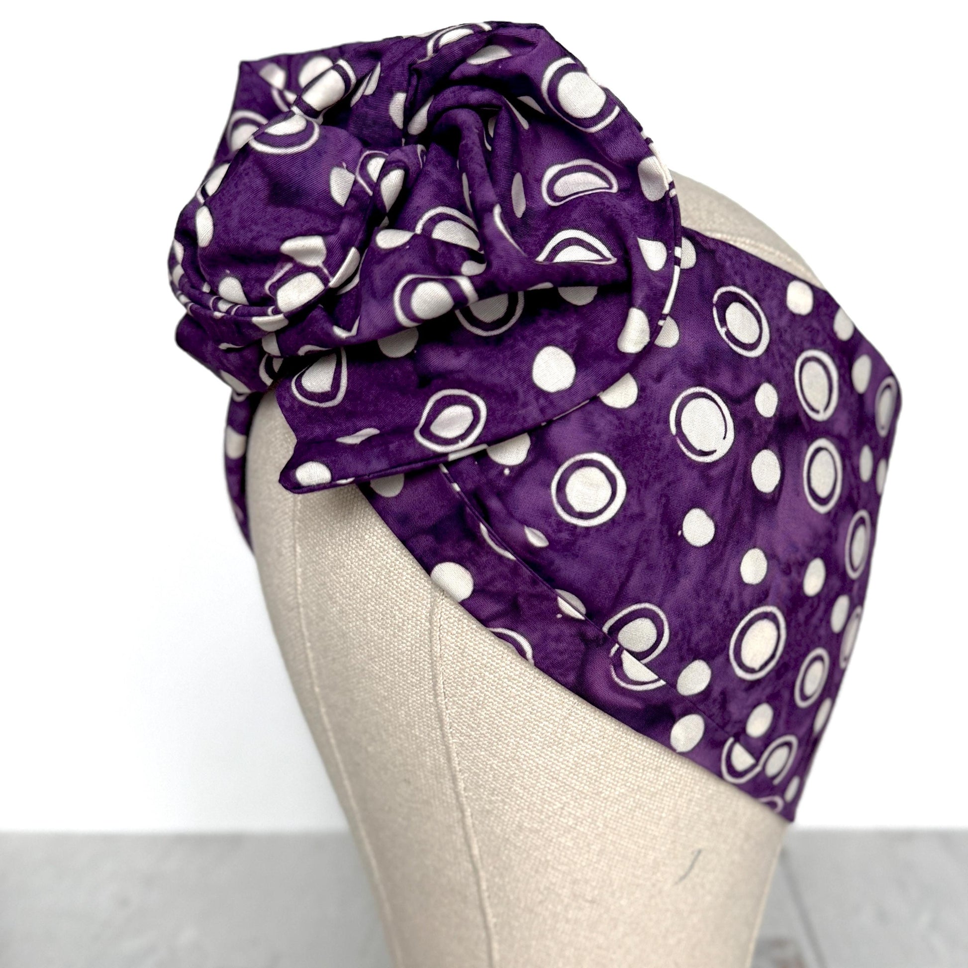 Extra Wide Adjustable Wire Headband, Batik Plum White Abstract Polka Dot Print, Boho Wired Headband, Fabric Head Wrap, BendableTurban