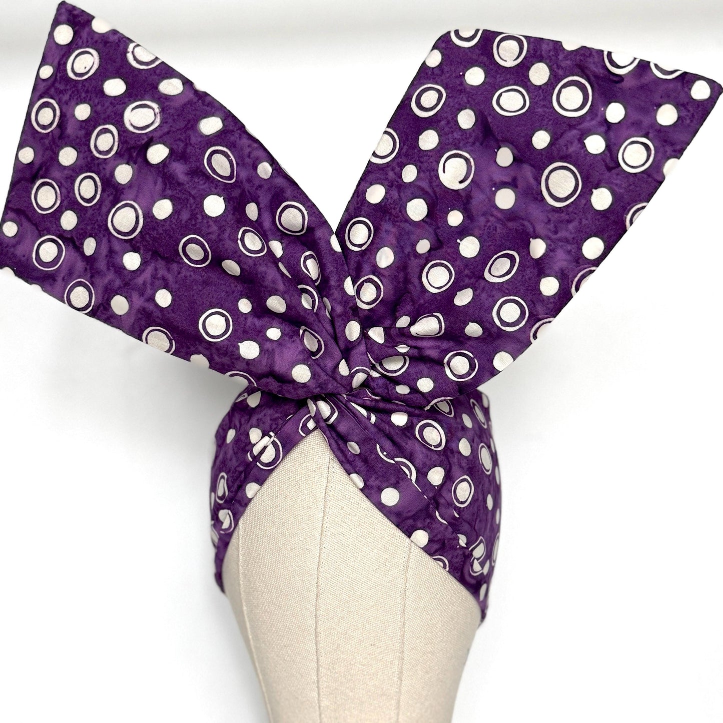 Extra Wide Adjustable Wire Headband, Batik Plum White Abstract Polka Dot Print, Boho Wired Headband, Fabric Head Wrap, BendableTurban