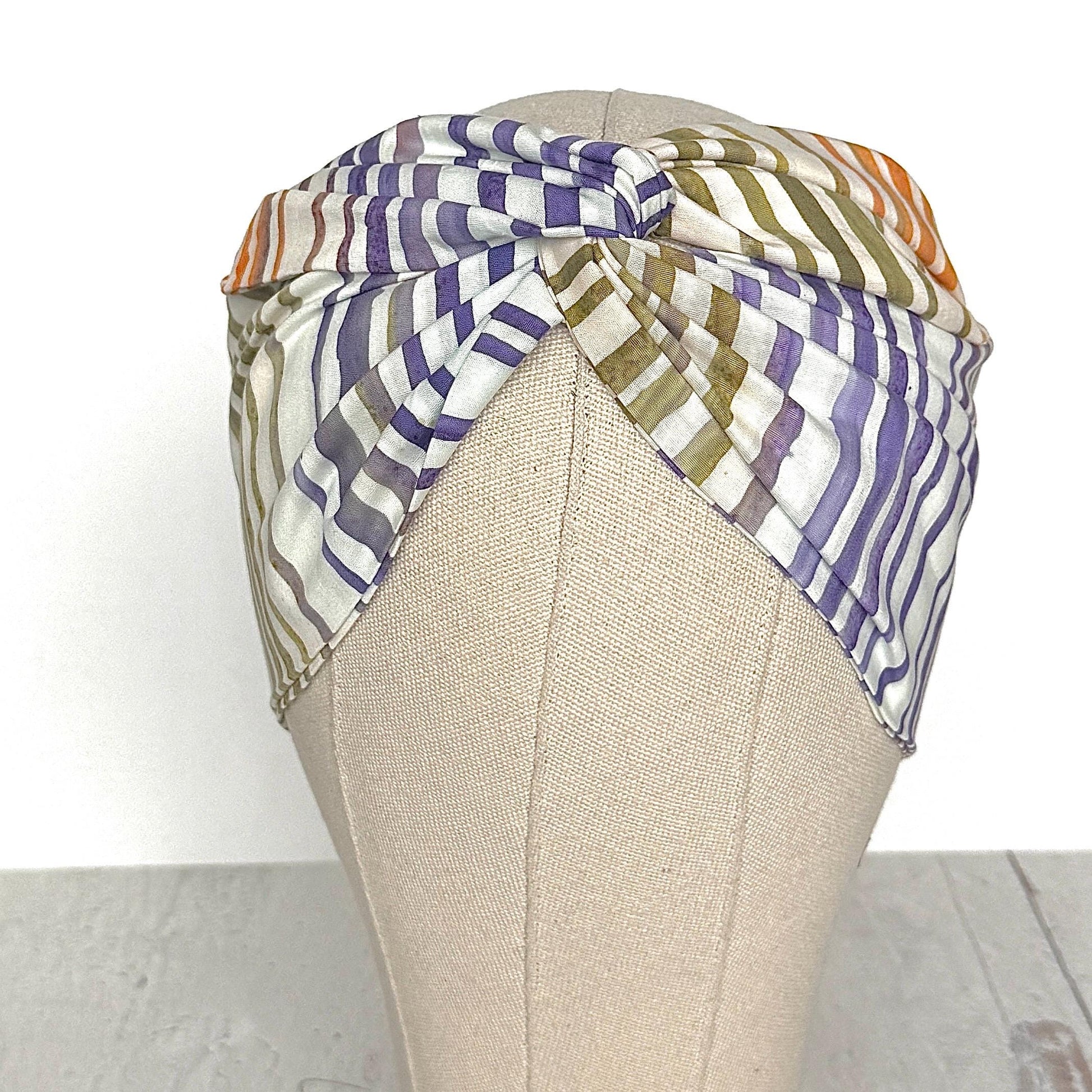 MIDI Extra Wide Adjustable Wire Head Wrap, BATIK Striped White Green Orange Purple Headband, Head Scarf For Women, Turban Hair Accessories