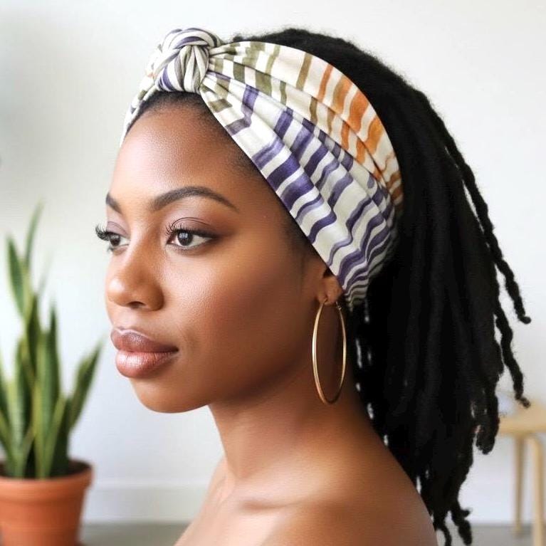MIDI Extra Wide Adjustable Wire Head Wrap, BATIK Striped White Green Orange Purple Headband, Head Scarf For Women, Turban Hair Accessories