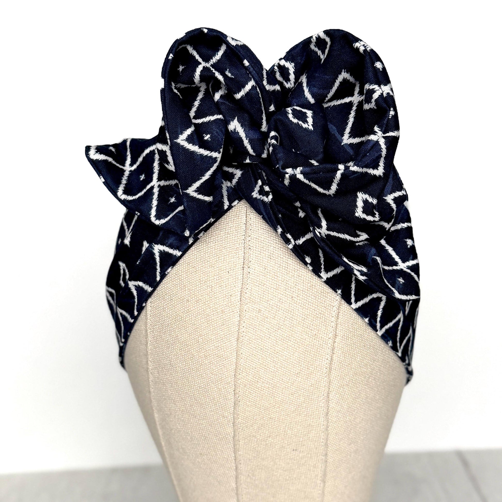 Extra Wide Adjustable Wire Headband, Navy Blue White Tribal Print, Boho Wired Headband, Fabric Head Wrap, Turban, Gift idea, Bendable Scarf