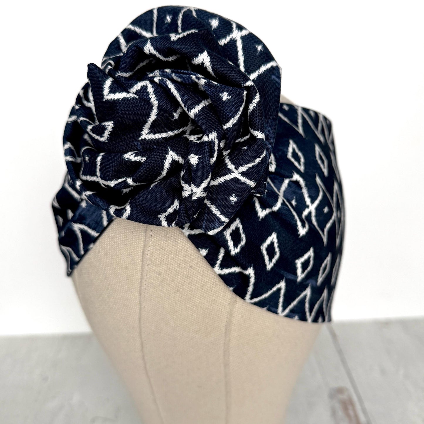 Extra Wide Adjustable Wire Headband, Navy Blue White Tribal Print, Boho Wired Headband, Fabric Head Wrap, Turban, Gift idea, Bendable Scarf