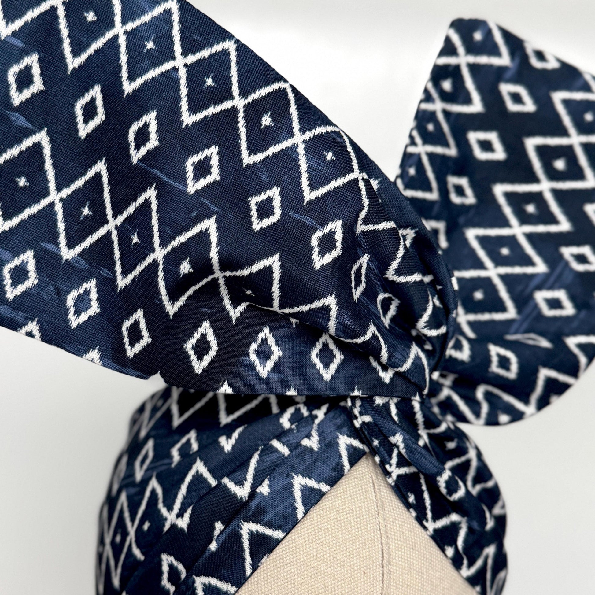 Extra Wide Adjustable Wire Headband, Navy Blue White Tribal Print, Boho Wired Headband, Fabric Head Wrap, Turban, Gift idea, Bendable Scarf