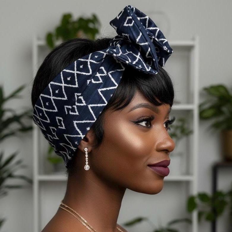 Extra Wide Adjustable Wire Headband, Navy Blue White Tribal Print, Boho Wired Headband, Fabric Head Wrap, Turban, Gift idea, Bendable Scarf