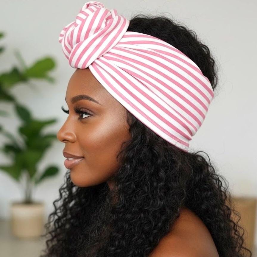 Extra Long Wide Adjustable Wire Headband, Striped Pink White Pattern, Wired Headband, Fabric Head Wrap, Turban Women Accessories