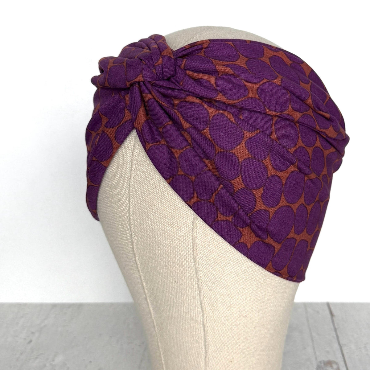 Extra Wide Adjustable Wire Wrap, Purple Eggplant & Terracotta Abstract Dot Wired Headband, Fabric Head Wrap, Boho Head Scarf Accessories