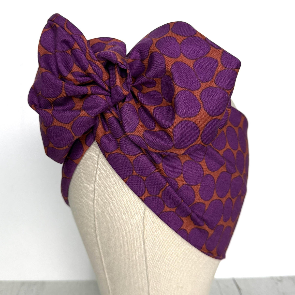 Extra Wide Adjustable Wire Wrap, Purple Eggplant & Terracotta Abstract Dot Wired Headband, Fabric Head Wrap, Boho Head Scarf Accessories