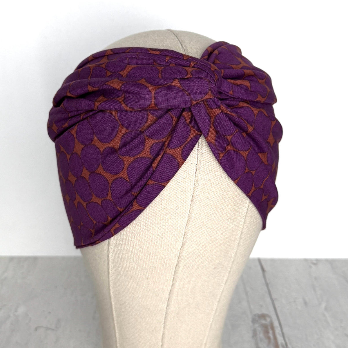 Extra Wide Adjustable Wire Wrap, Purple Eggplant & Terracotta Abstract Dot Wired Headband, Fabric Head Wrap, Boho Head Scarf Accessories