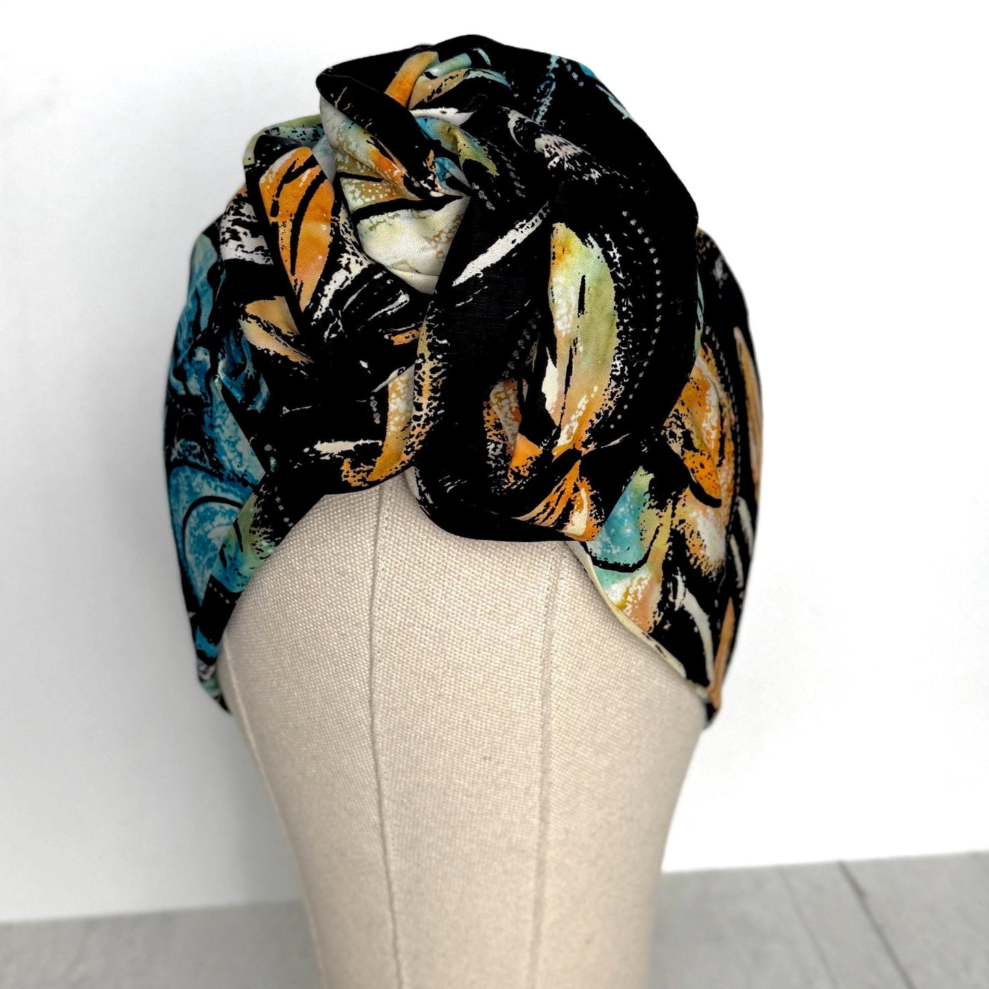 Extra Long & Wide BENDABLE Batik Wire Head Wrap, Batik Black Blue Tan Floral Print Wired Headband, Turban, Hair Wrap, Gift For Her
