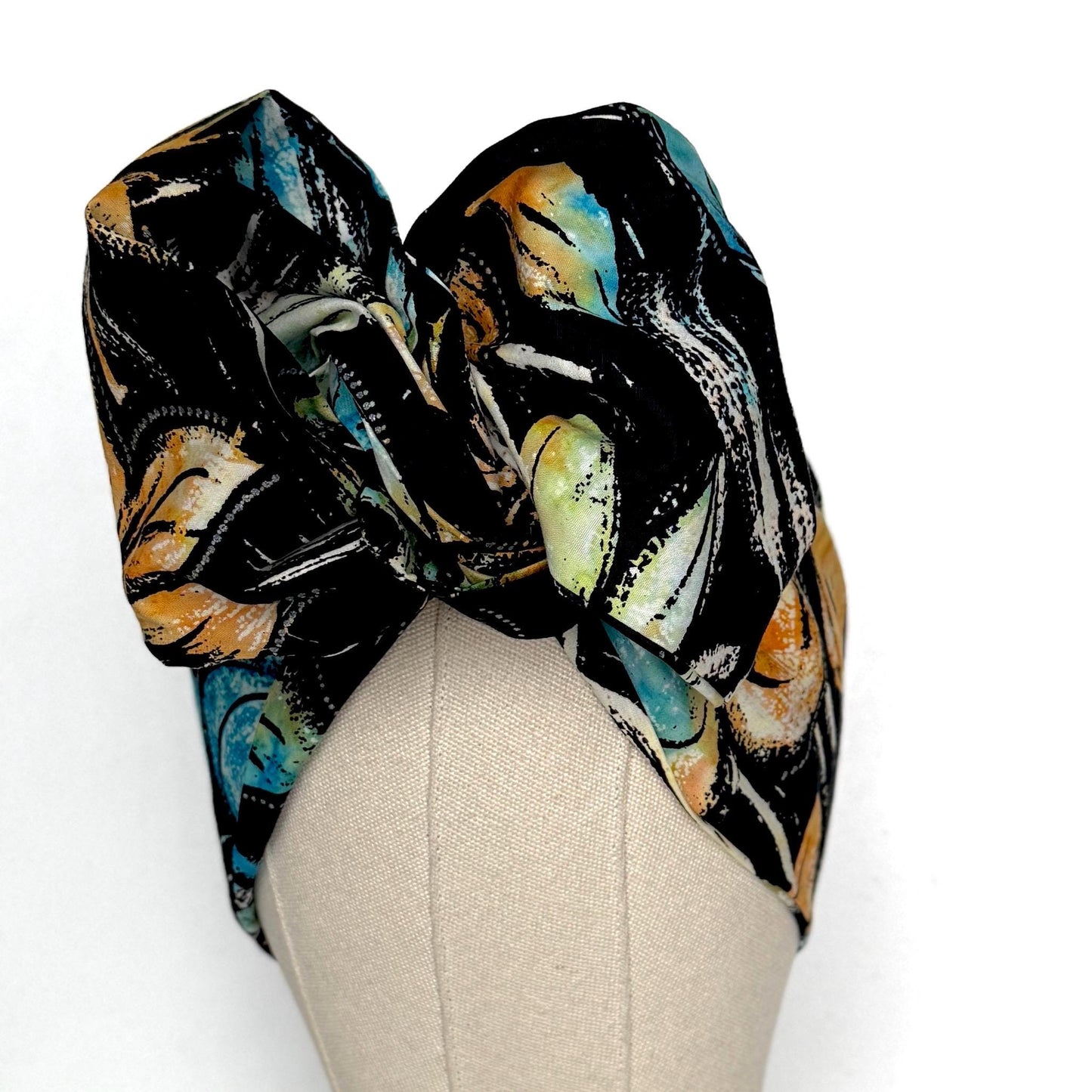 Extra Long & Wide BENDABLE Batik Wire Head Wrap, Batik Black Blue Tan Floral Print Wired Headband, Turban, Hair Wrap, Gift For Her