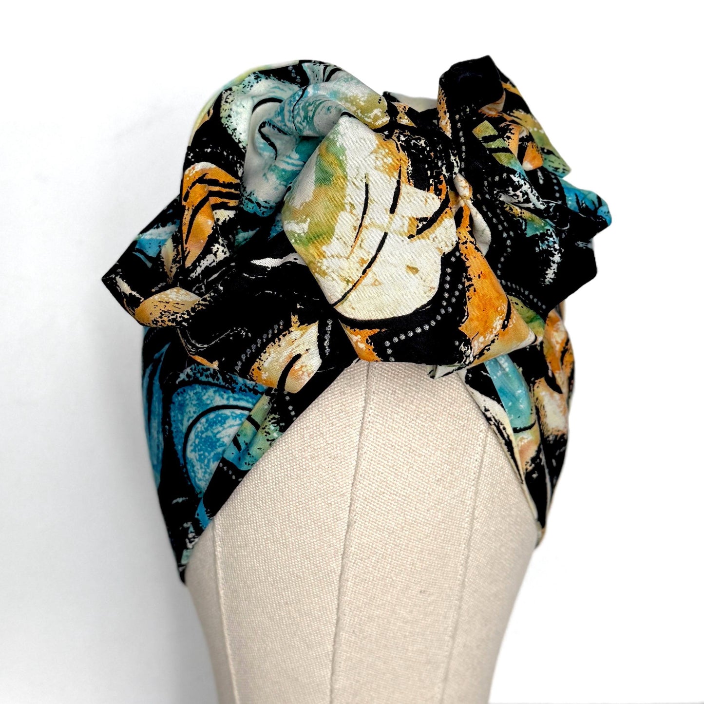 Extra Long & Wide BENDABLE Batik Wire Head Wrap, Batik Black Blue Tan Floral Print Wired Headband, Turban, Hair Wrap, Gift For Her