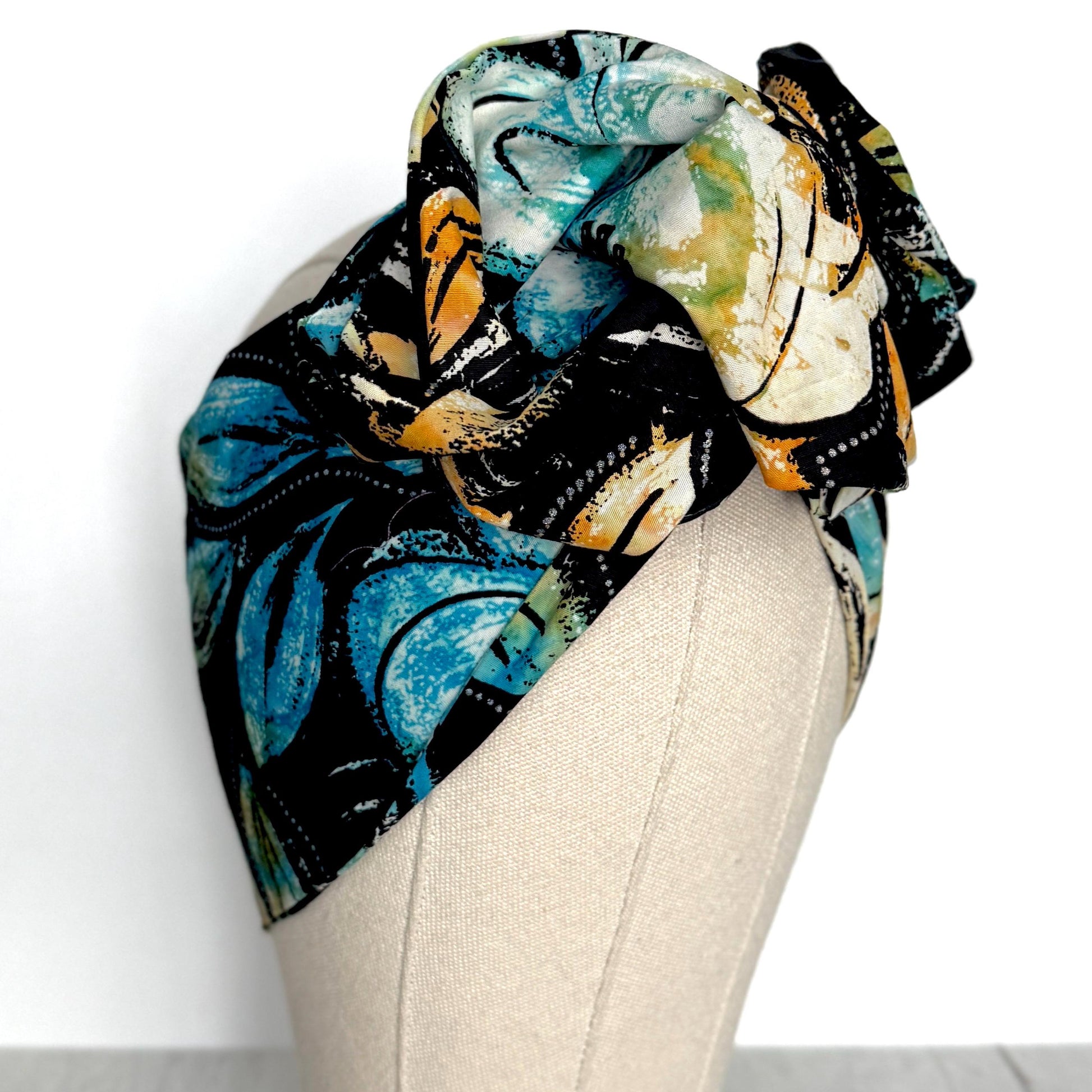 Extra Long & Wide BENDABLE Batik Wire Head Wrap, Batik Black Blue Tan Floral Print Wired Headband, Turban, Hair Wrap, Gift For Her