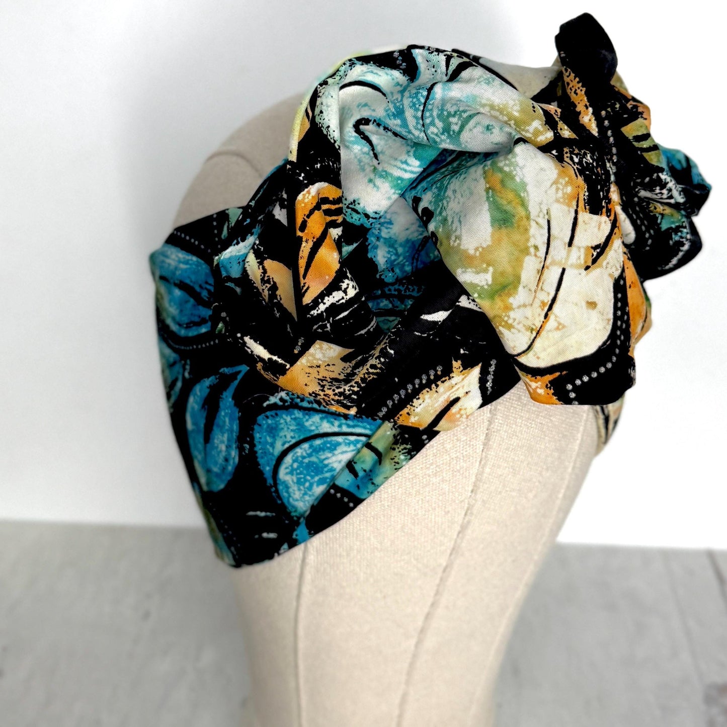 Extra Long & Wide BENDABLE Batik Wire Head Wrap, Batik Black Blue Tan Floral Print Wired Headband, Turban, Hair Wrap, Gift For Her