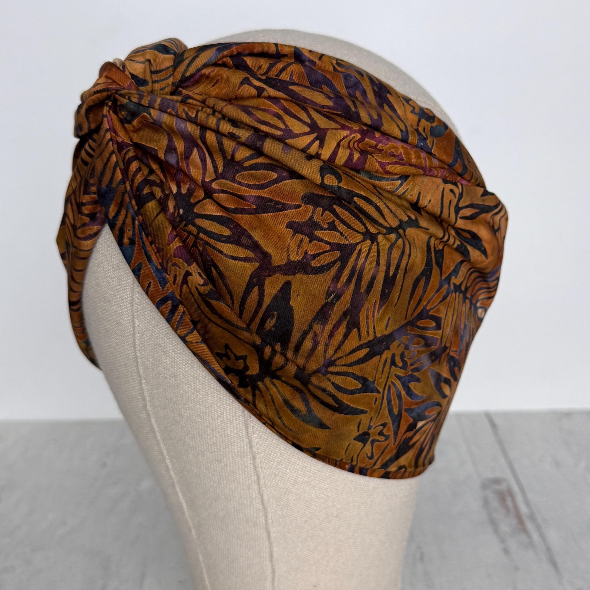 Extra Wide Adjustable Wire Headband, Batik Brown Plum Fall Floral Print, Boho Wired Headband, Fabric Head Wrap, BendableTurban