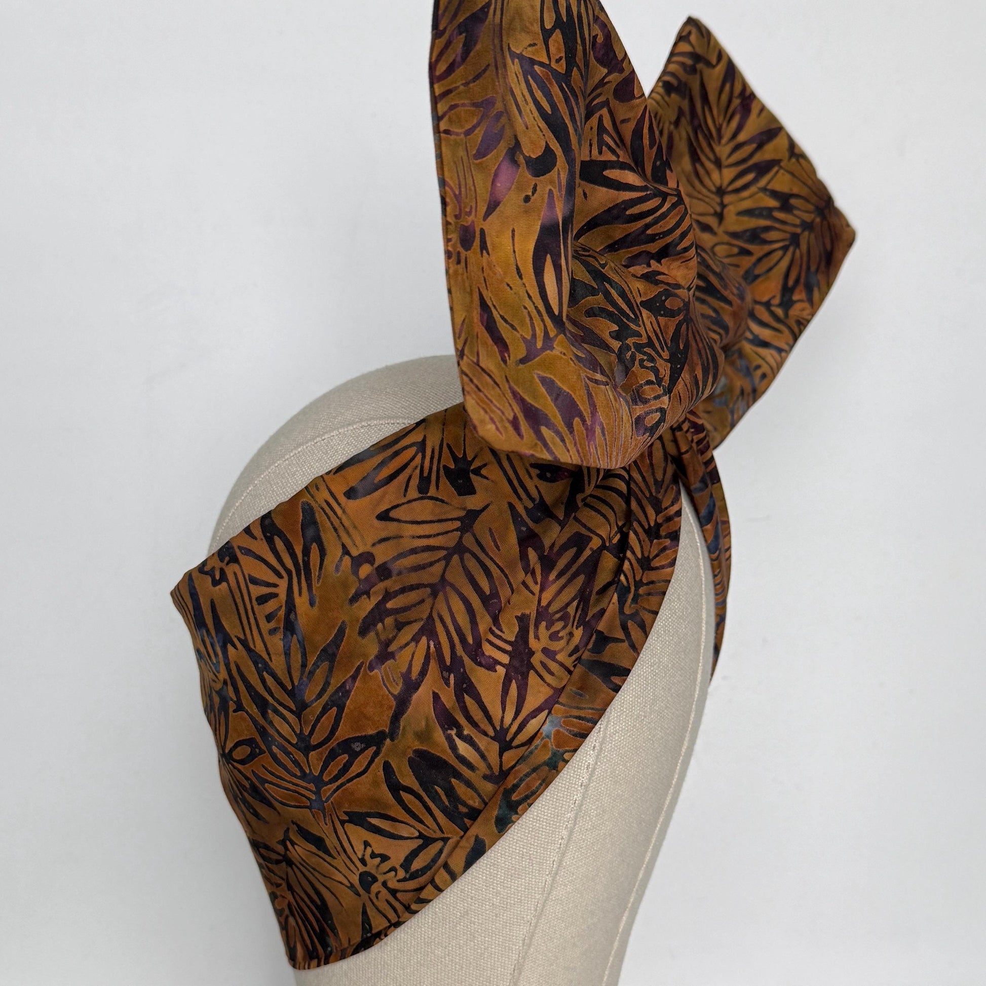 Extra Wide Adjustable Wire Headband, Batik Brown Plum Fall Floral Print, Boho Wired Headband, Fabric Head Wrap, BendableTurban