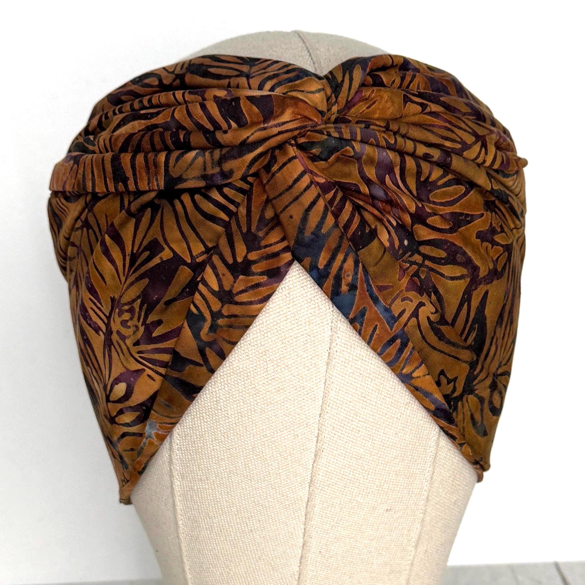 Extra Wide Adjustable Wire Headband, Batik Brown Plum Fall Floral Print, Boho Wired Headband, Fabric Head Wrap, BendableTurban