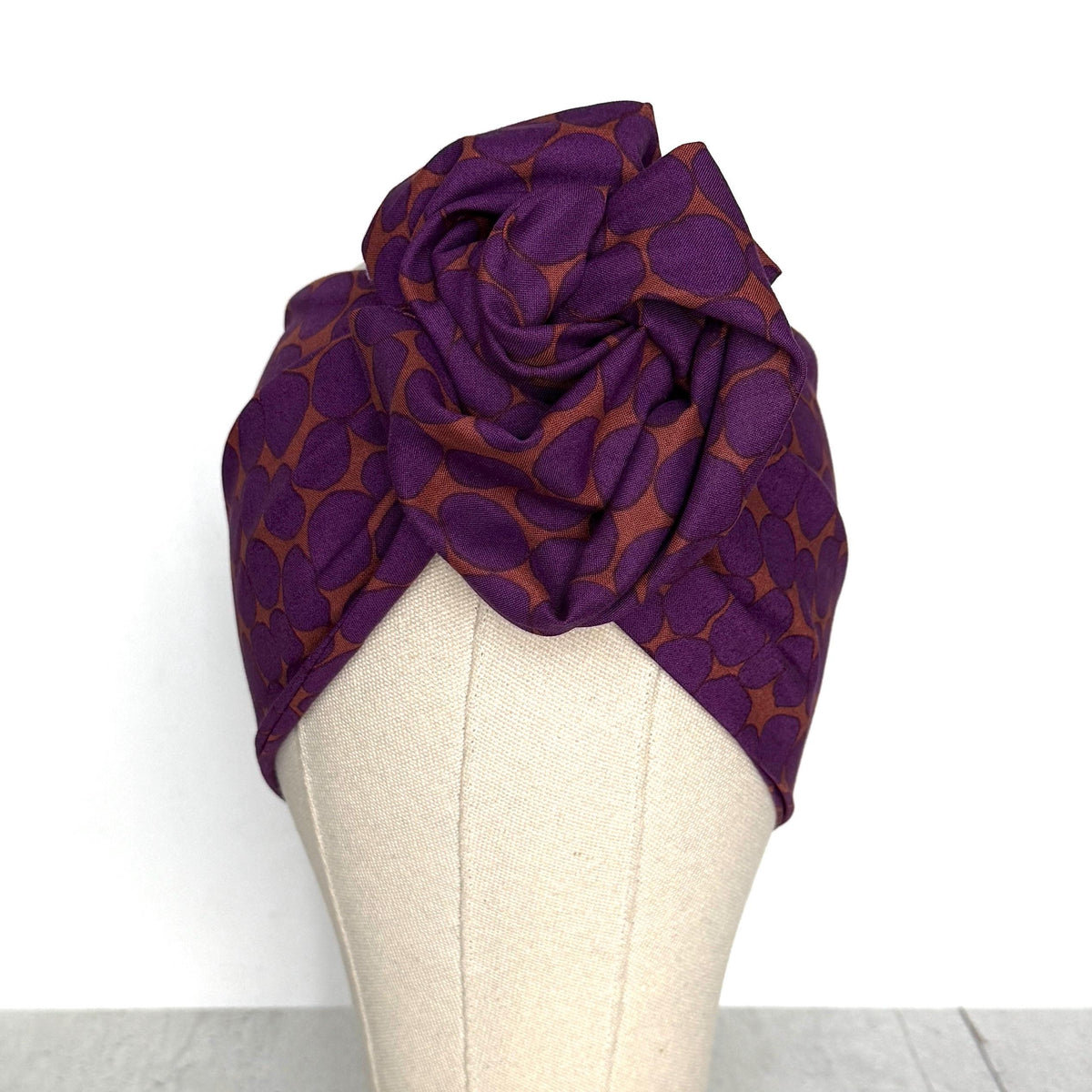 Extra Wide Adjustable Wire Wrap, Purple Eggplant & Terracotta Abstract Dot Wired Headband, Fabric Head Wrap, Boho Head Scarf Accessories