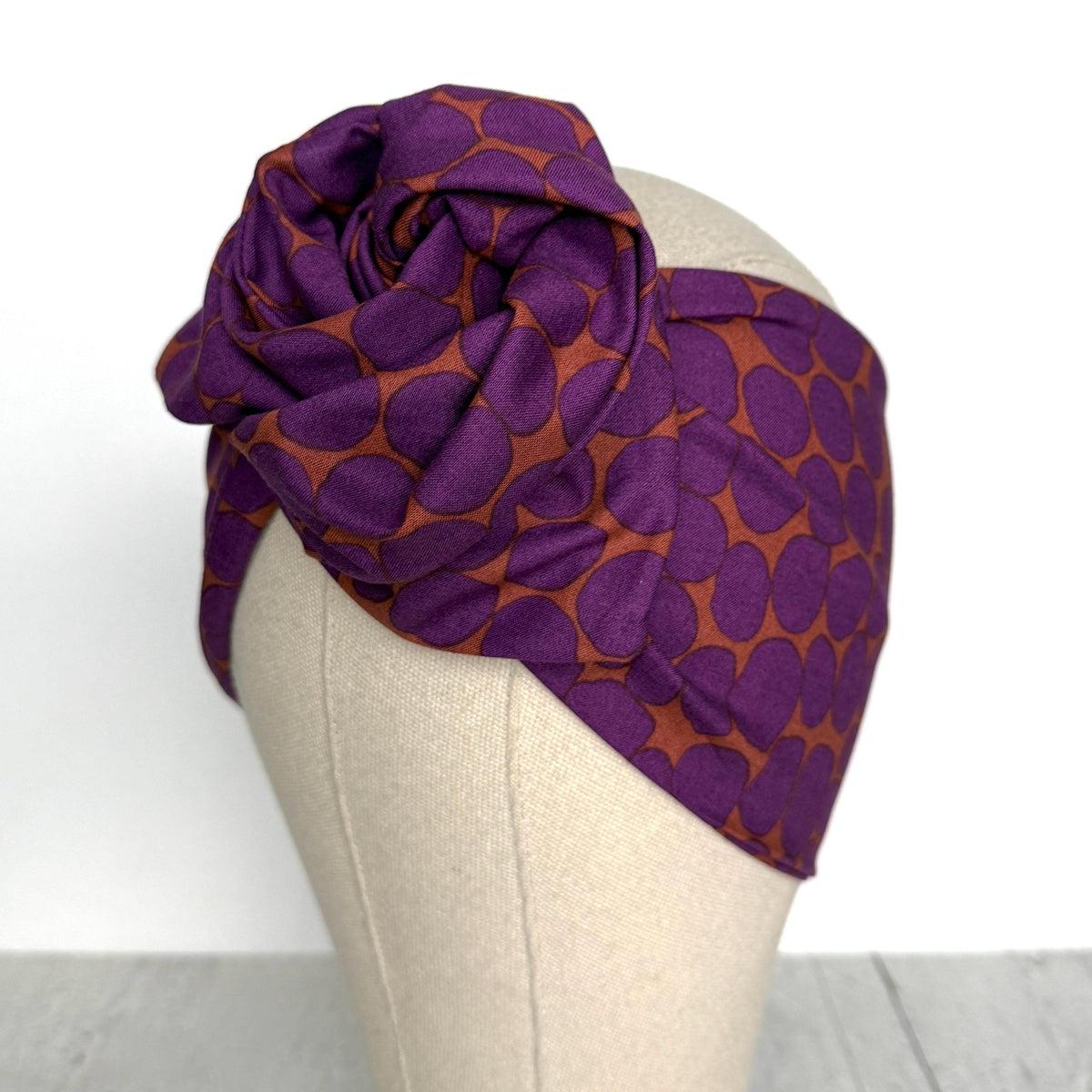 Extra Wide Adjustable Wire Wrap, Purple Eggplant & Terracotta Abstract Dot Wired Headband, Fabric Head Wrap, Boho Head Scarf Accessories